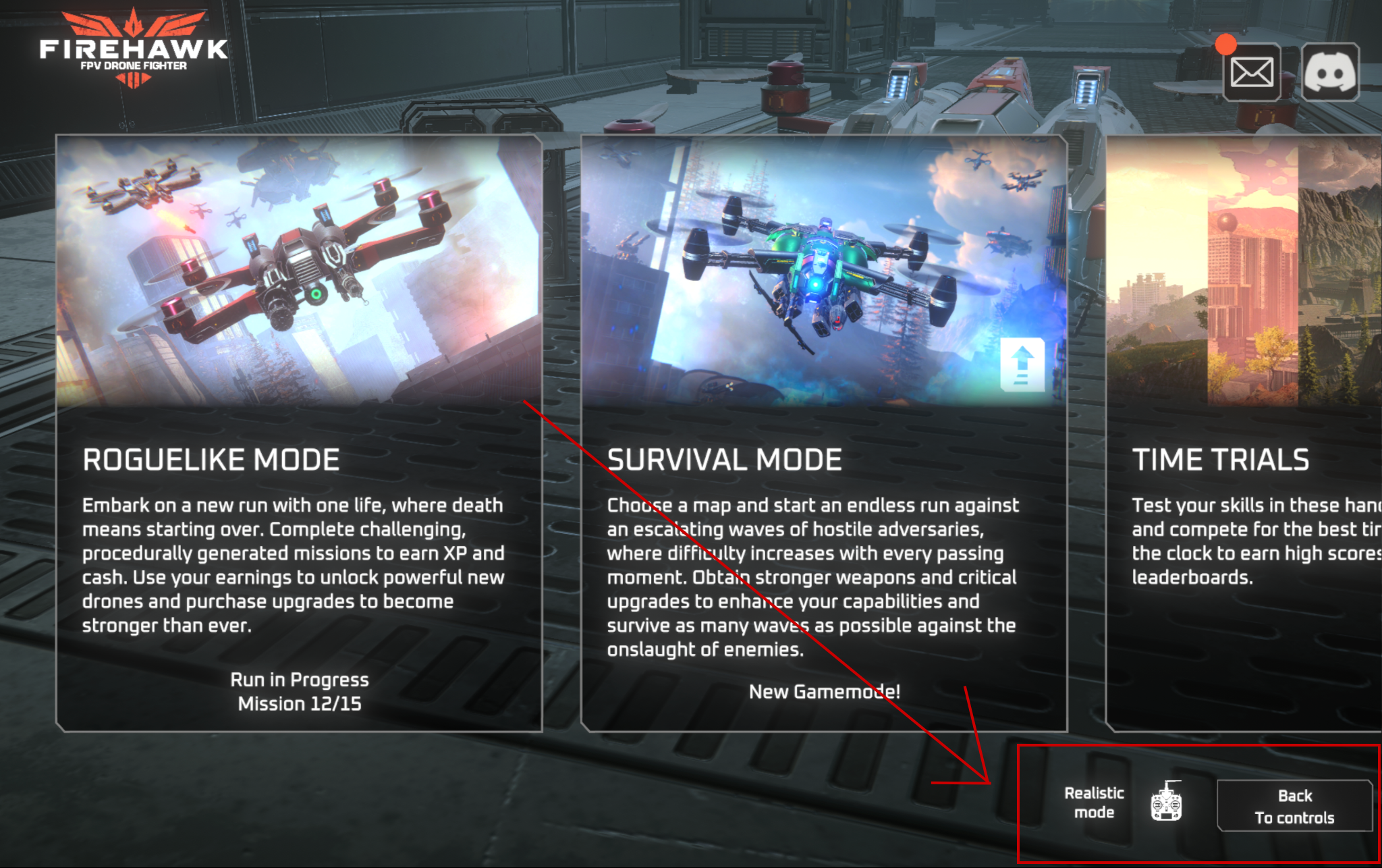 Game mode select menu showing Realistic FPV mode icon