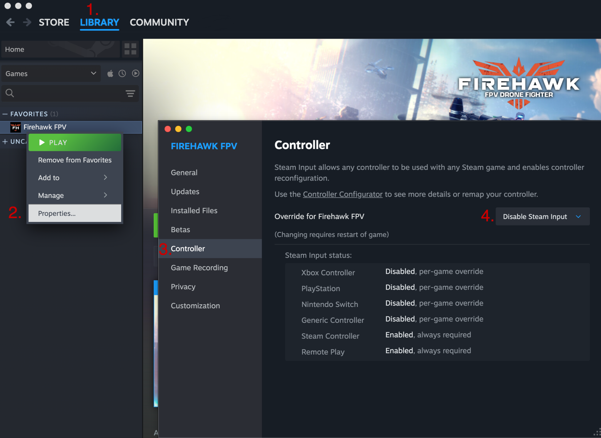 Steam Library — right-click Firehawk, Properties, Controller settings