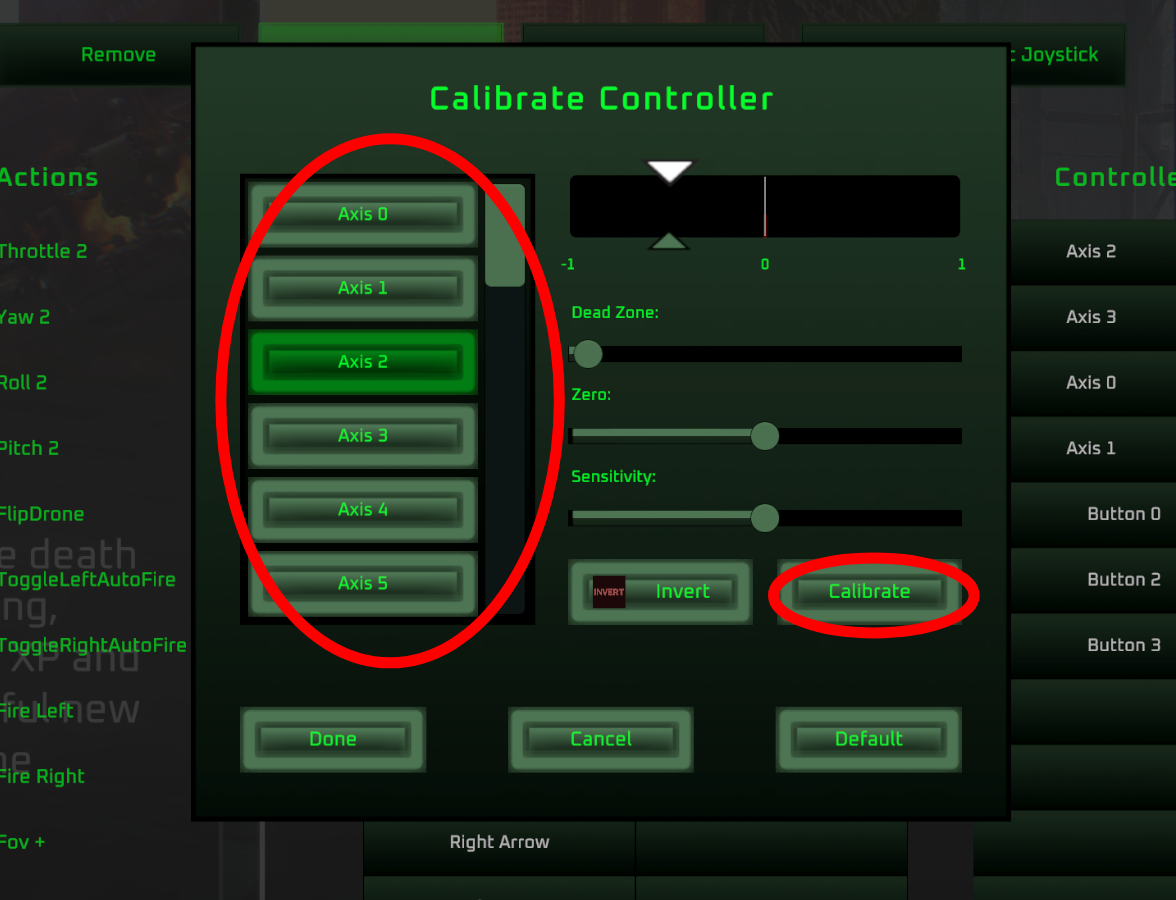 Controls and Calibration screen showing axis assignments