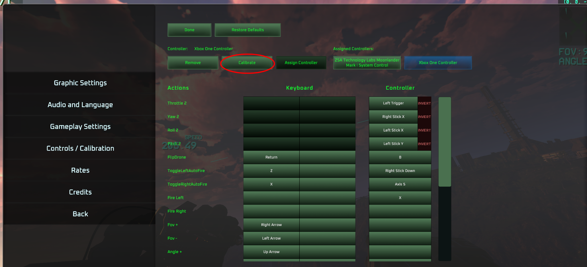 Controls screen showing Invert toggles for each axis