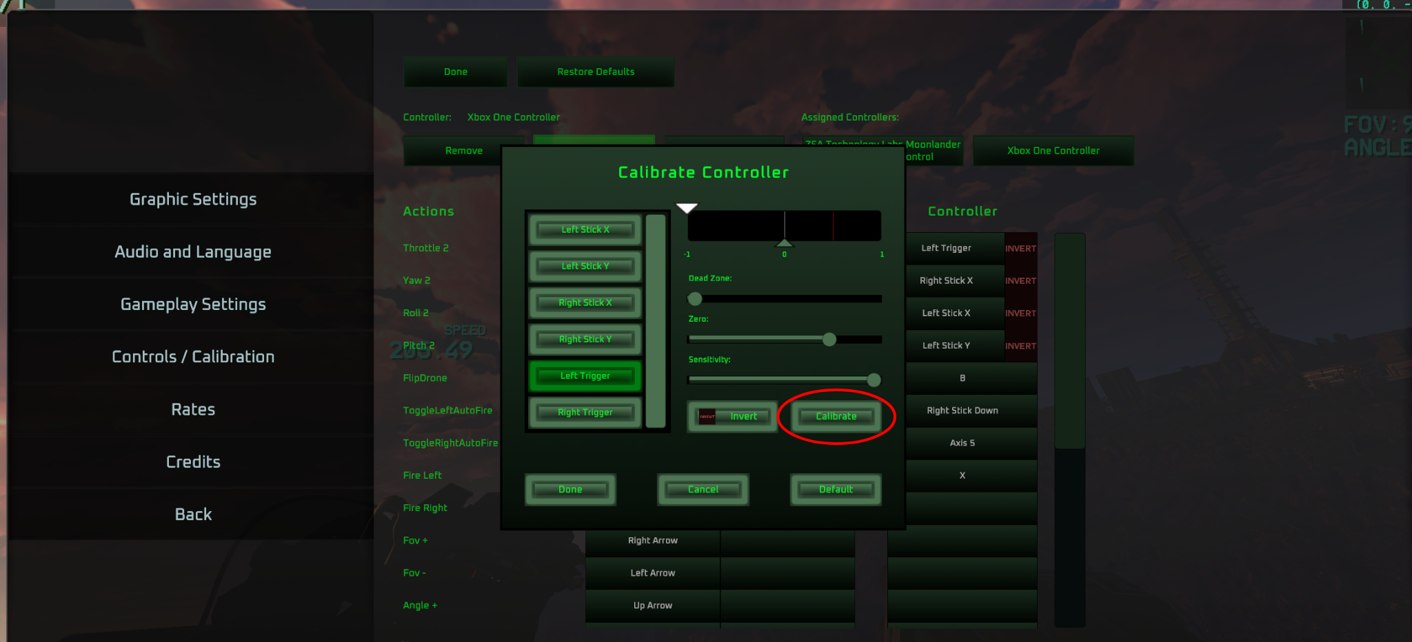 Linux calibration screen showing misidentified controller axes